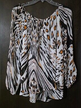 Ark & Co Animal-Print Peasant Semi-Sheer Cold Shoulder Keyhole Tie Blouse Size L